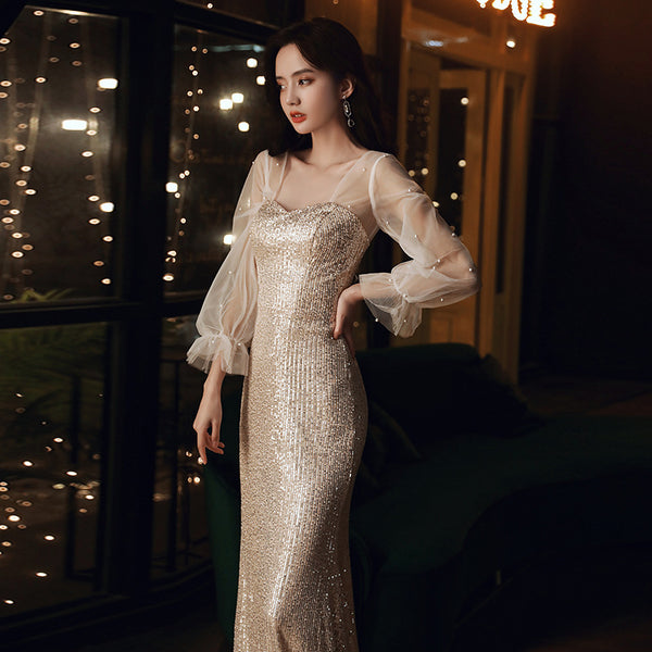 Elegant Women Fishtail Sequins Long Sleeved Banquet Temperament Long Evening Dress