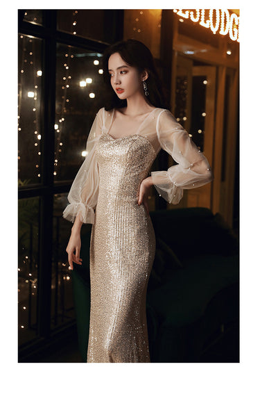 Elegant Women Fishtail Sequins Long Sleeved Banquet Temperament Long Evening Dress
