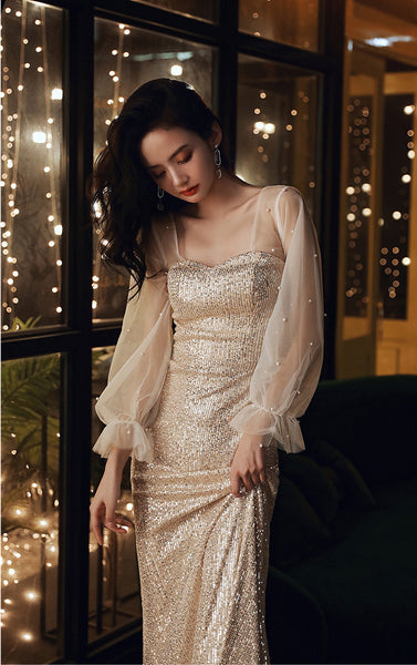 Elegant Women Fishtail Sequins Long Sleeved Banquet Temperament Long Evening Dress