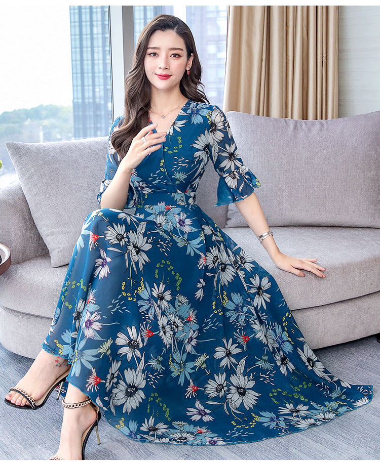 Attractive Chiffon Floral Bohemian Short Sleeved Long Beach A Line Dress