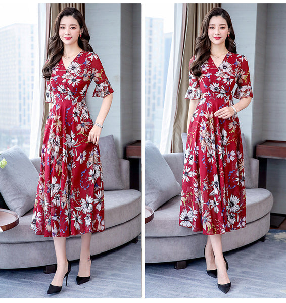 Attractive Chiffon Floral Bohemian Short Sleeved Long Beach A Line Dress