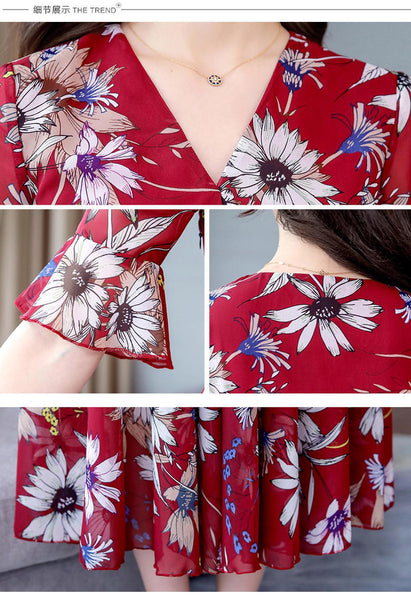 Attractive Chiffon Floral Bohemian Short Sleeved Long Beach A Line Dress