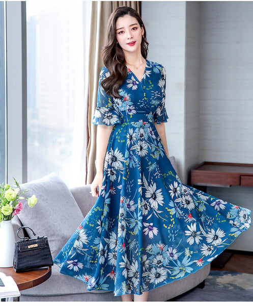 Attractive Chiffon Floral Bohemian Short Sleeved Long Beach A Line Dress