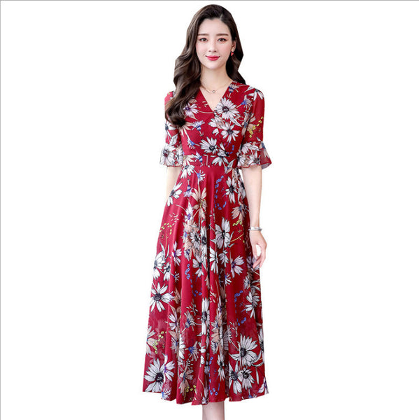 Attractive Chiffon Floral Bohemian Short Sleeved Long Beach A Line Dress