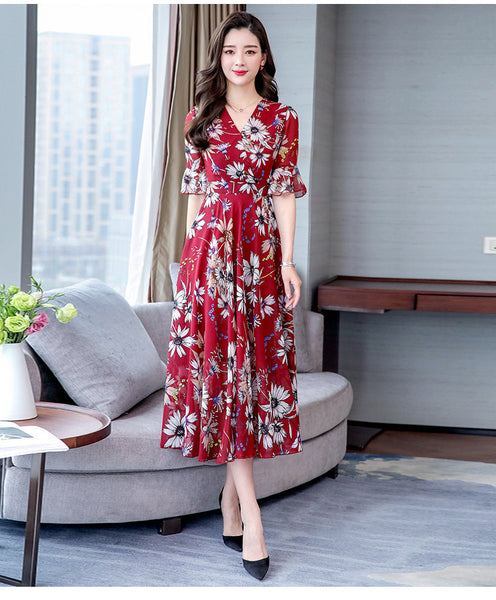 Attractive Chiffon Floral Bohemian Short Sleeved Long Beach A Line Dress