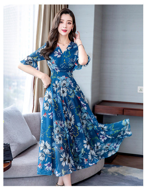 Attractive Chiffon Floral Bohemian Short Sleeved Long Beach A Line Dress