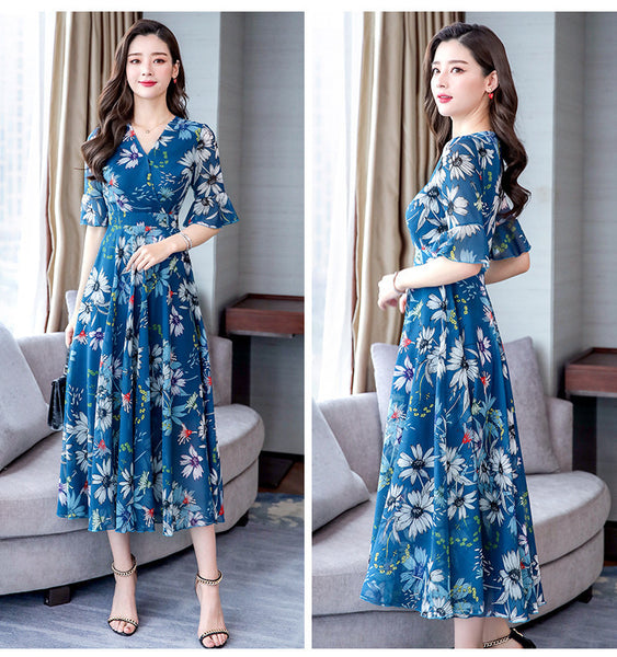 Attractive Chiffon Floral Bohemian Short Sleeved Long Beach A Line Dress
