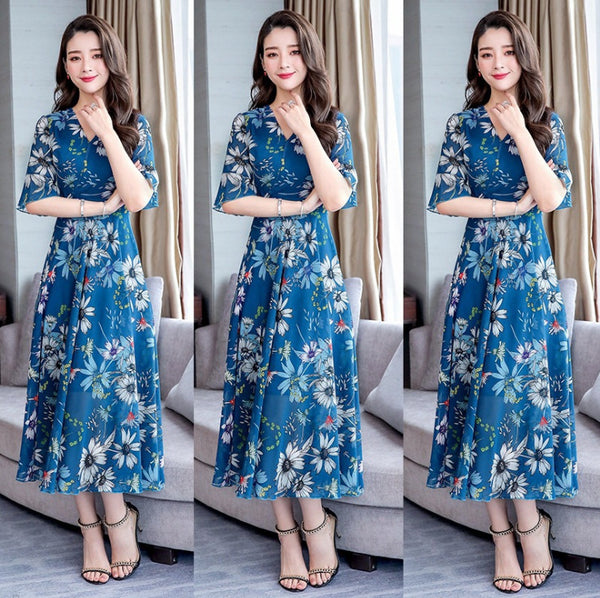 Attractive Chiffon Floral Bohemian Short Sleeved Long Beach A Line Dress