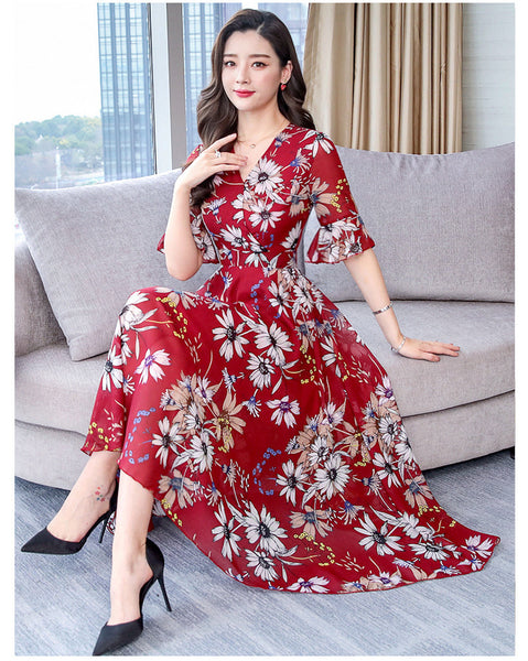 Attractive Chiffon Floral Bohemian Short Sleeved Long Beach A Line Dress