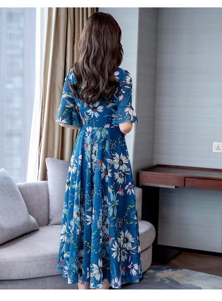 Attractive Chiffon Floral Bohemian Short Sleeved Long Beach A Line Dress