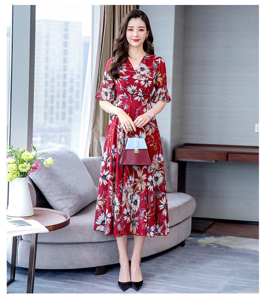 Attractive Chiffon Floral Bohemian Short Sleeved Long Beach A Line Dress