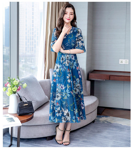 Attractive Chiffon Floral Bohemian Short Sleeved Long Beach A Line Dress