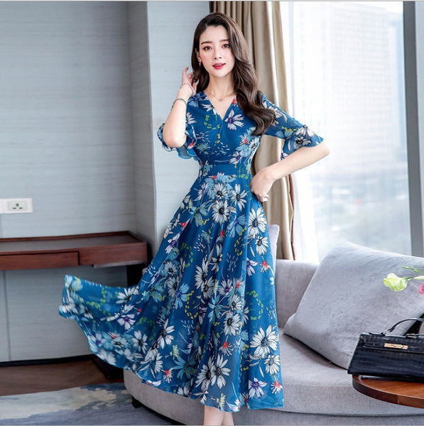 Attractive Chiffon Floral Bohemian Short Sleeved Long Beach A Line Dress