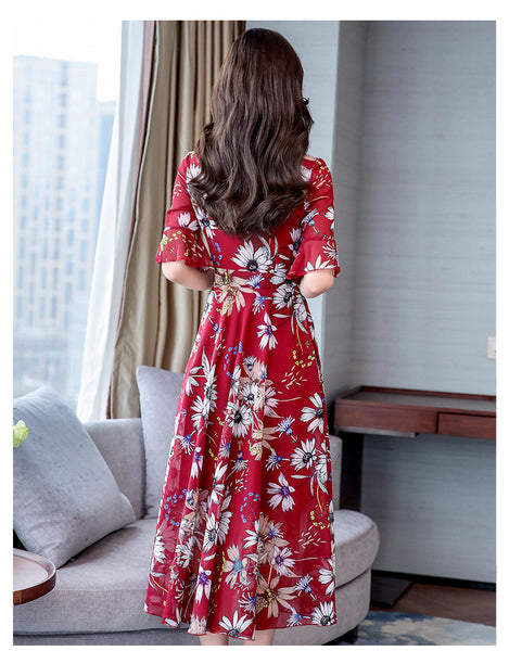 Attractive Chiffon Floral Bohemian Short Sleeved Long Beach A Line Dress
