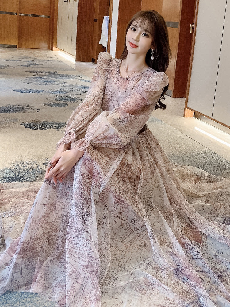 Temperament Printed Waist Long Sleeves big swing puffy Shoulder Fairy Gauze Skirt