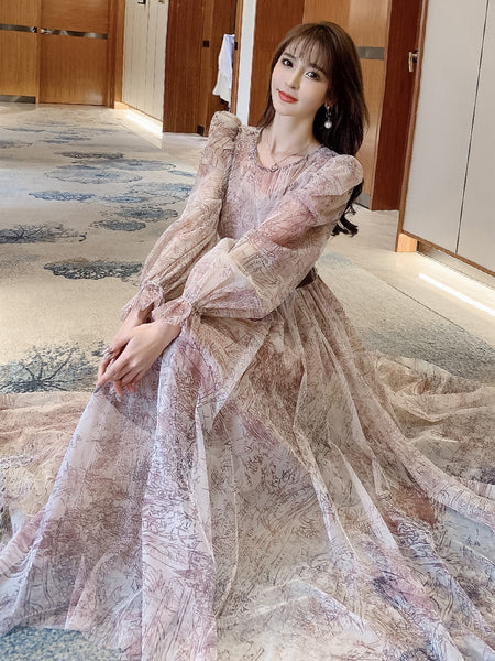 Temperament Printed Waist Long Sleeves big swing puffy Shoulder Fairy Gauze Skirt