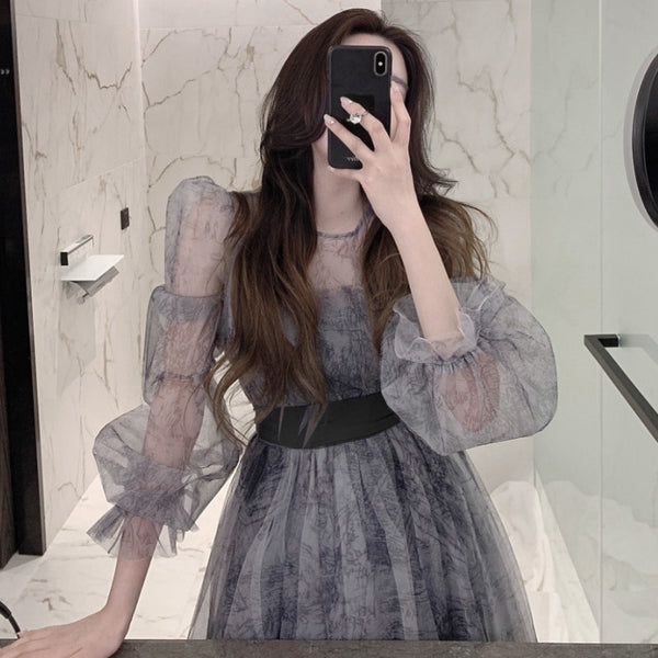 Temperament Printed Waist Long Sleeves big swing puffy Shoulder Fairy Gauze Skirt