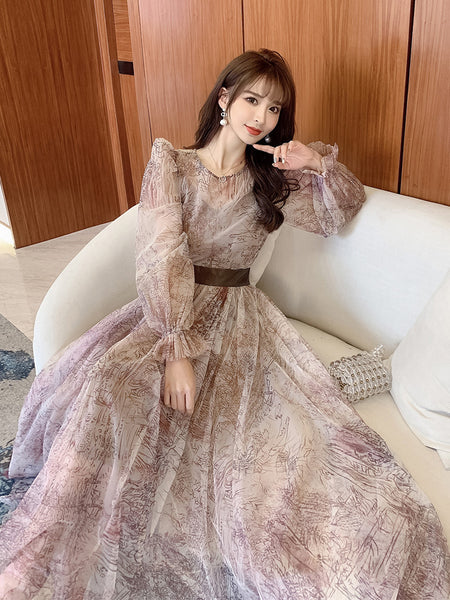 Temperament Printed Waist Long Sleeves big swing puffy Shoulder Fairy Gauze Skirt