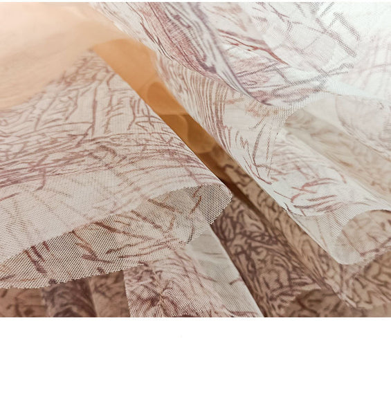 Temperament Printed Waist Long Sleeves big swing puffy Shoulder Fairy Gauze Skirt