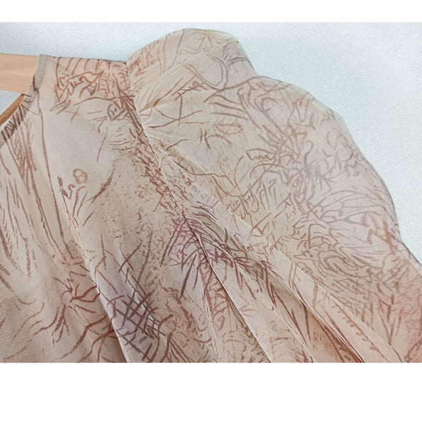 Temperament Printed Waist Long Sleeves big swing puffy Shoulder Fairy Gauze Skirt