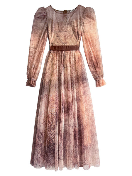 Temperament Printed Waist Long Sleeves big swing puffy Shoulder Fairy Gauze Skirt