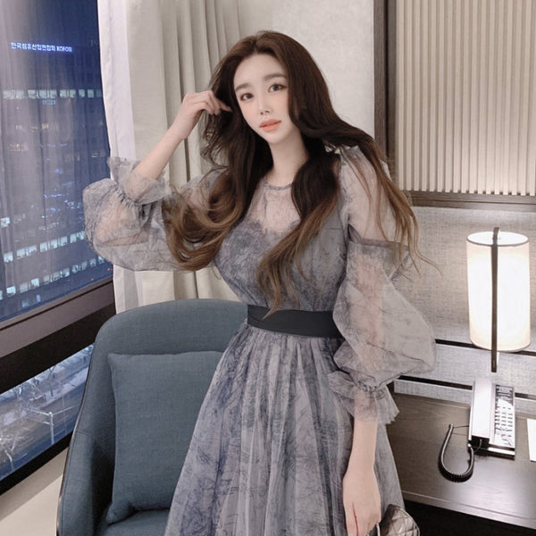 Temperament Printed Waist Long Sleeves big swing puffy Shoulder Fairy Gauze Skirt