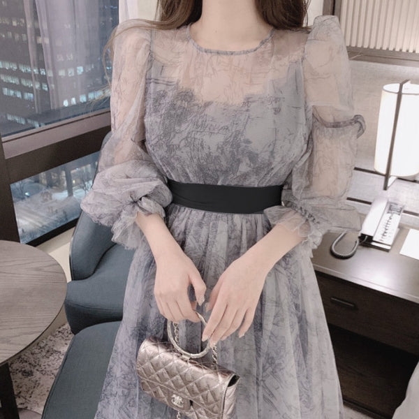 Temperament Printed Waist Long Sleeves big swing puffy Shoulder Fairy Gauze Skirt