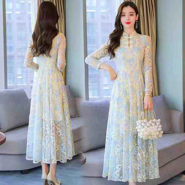 Temperament Mid Length Stand Up Collar Front Button Elegant Lace Long Sleeved Dress