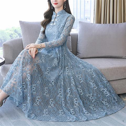 Temperament Mid Length Stand Up Collar Front Button Elegant Lace Long Sleeved Dress