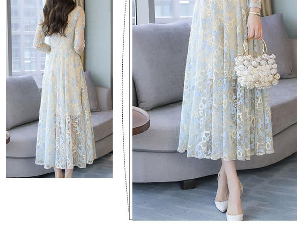 Temperament Mid Length Stand Up Collar Front Button Elegant Lace Long Sleeved Dress