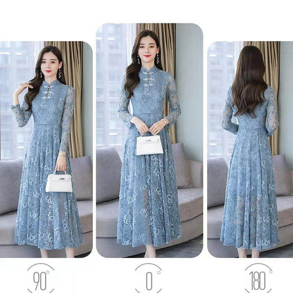 Temperament Mid Length Stand Up Collar Front Button Elegant Lace Long Sleeved Dress