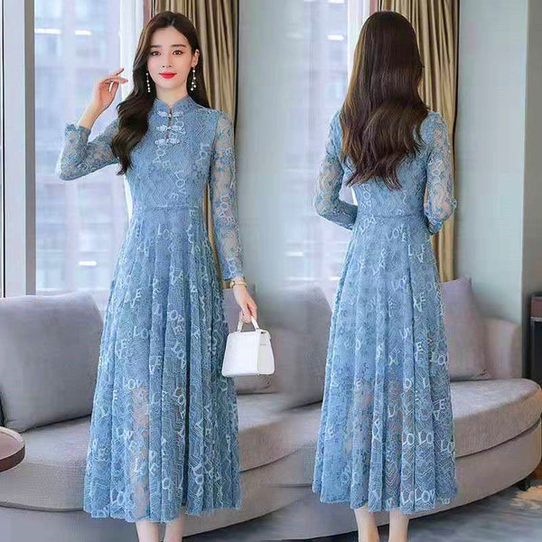 Temperament Mid Length Stand Up Collar Front Button Elegant Lace Long Sleeved Dress