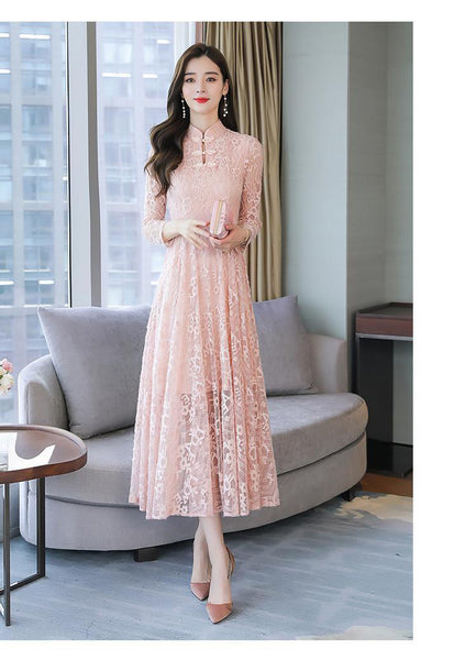 Temperament Mid Length Stand Up Collar Front Button Elegant Lace Long Sleeved Dress
