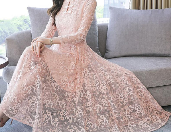 Temperament Mid Length Stand Up Collar Front Button Elegant Lace Long Sleeved Dress
