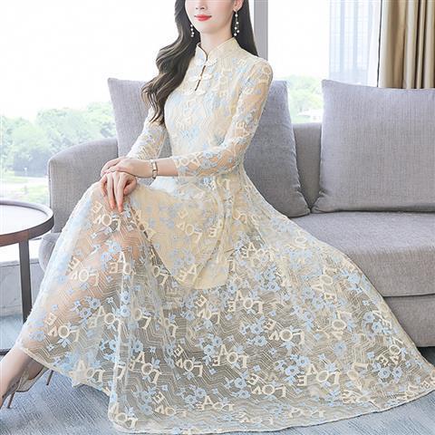 Temperament Mid Length Stand Up Collar Front Button Elegant Lace Long Sleeved Dress