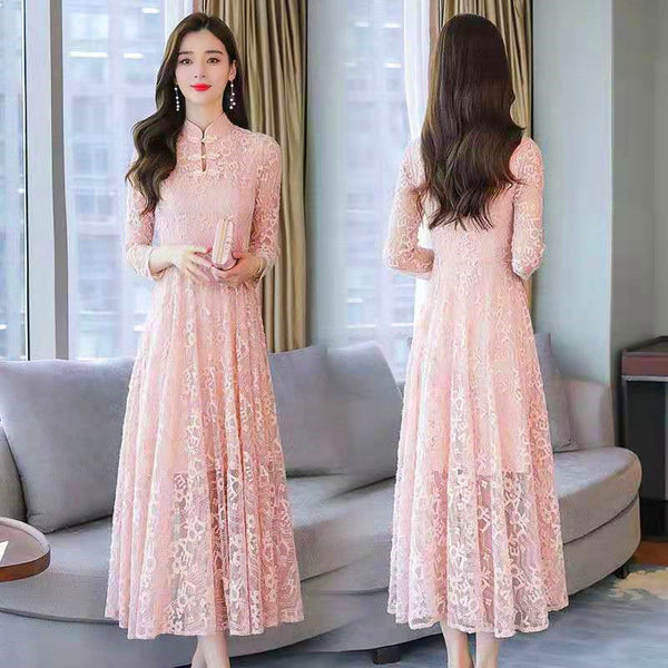 Temperament Mid Length Stand Up Collar Front Button Elegant Lace Long Sleeved Dress