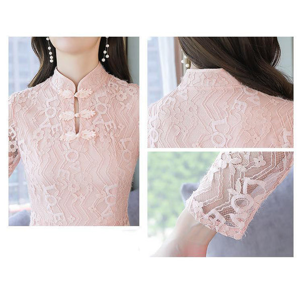 Temperament Mid Length Stand Up Collar Front Button Elegant Lace Long Sleeved Dress