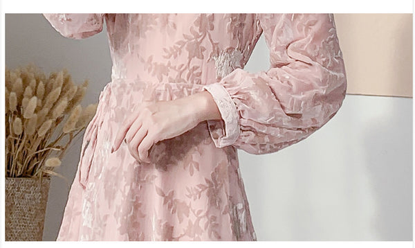 Trendy Style Temperament Sweet Chic Women Floral V Neck Velvet Pink Dress