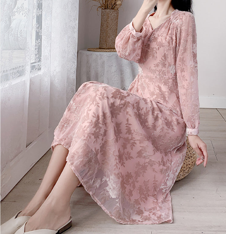 Trendy Style Temperament Sweet Chic Women Floral V Neck Velvet Pink Dress