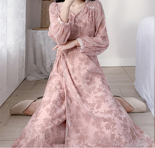 Trendy Style Temperament Sweet Chic Women Floral V Neck Velvet Pink Dress