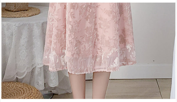 Trendy Style Temperament Sweet Chic Women Floral V Neck Velvet Pink Dress