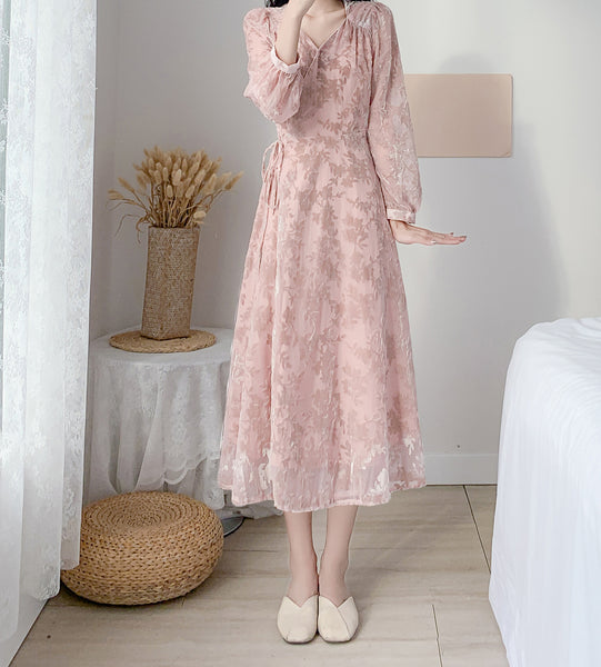 Trendy Style Temperament Sweet Chic Women Floral V Neck Velvet Pink Dress