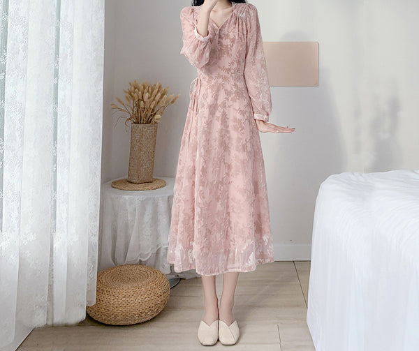 Trendy Style Temperament Sweet Chic Women Floral V Neck Velvet Pink Dress