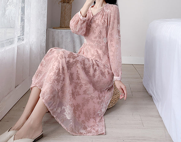 Trendy Style Temperament Sweet Chic Women Floral V Neck Velvet Pink Dress