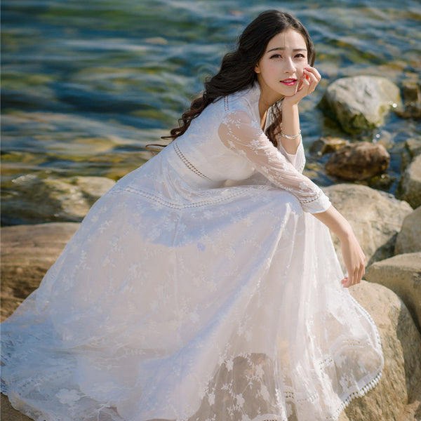 Retro Long Fairy V-neck Sexy Hollow Mesh Embroidery Large Swing White Dress
