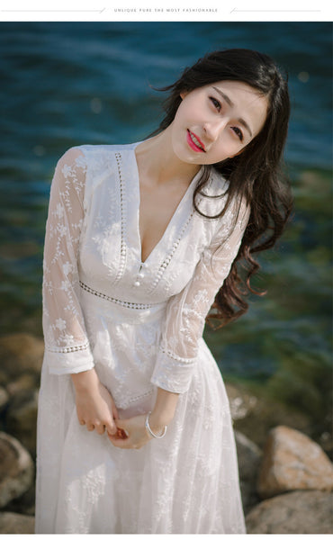 Retro Long Fairy V-neck Sexy Hollow Mesh Embroidery Large Swing White Dress