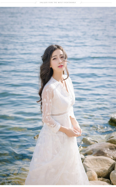 Retro Long Fairy V-neck Sexy Hollow Mesh Embroidery Large Swing White Dress