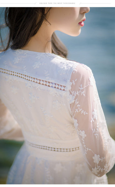Retro Long Fairy V-neck Sexy Hollow Mesh Embroidery Large Swing White Dress