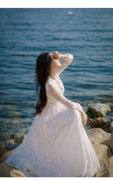 Retro Long Fairy V-neck Sexy Hollow Mesh Embroidery Large Swing White Dress