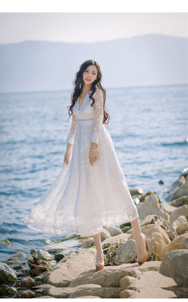 Retro Long Fairy V-neck Sexy Hollow Mesh Embroidery Large Swing White Dress